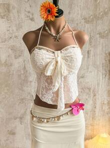 Firerie Women's Elegant Romantic New Beach Holiday Lace Up Ruffle Trim Shell Tassel Halter Tank Top, Summer - Apricot - View 4