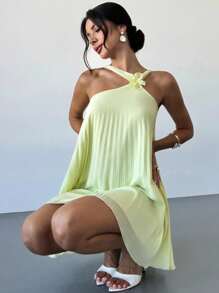 Firerie 女士浅黄色领结花卉装饰褶皱 A 字短裙，浪漫雪纺连衣裙，婚礼派对礼服，春夏装，沙滩装，优雅，性感，度假，海滩，波西米亚风，夏威夷风，音乐节，浪漫，约会，派对，婚礼季，毕业典礼，舞会，表演服装，音乐会 - 黃色 - 查看 5