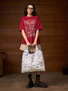 HARRY POTTER X SHEIN 1 pieza Bolso de tela plegable de poliéster con estampado gráfico de Hedwig, bolso con bolsa adjunta por cadena, de moda, búho, magia