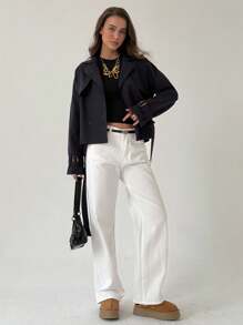 Aloruh Damen Einfarbiger Kragen Raglan Ärmel Doppelreiher Lässig Trenchcoat für Herbst/Winter