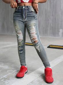 适合青少年女孩的破洞牛仔紧身牛仔裤 复古蓝色 - 中等水洗藍 - 查看 6