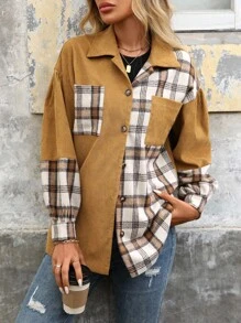 SHEIN LUNE Áo khoác kẻ caro thường ngày dành cho nữ - Màu Khaki - Xem 3