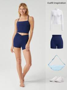 GLOWMODE FeatherFit™ T-Neck Racerback Tank Top Light Support Low Impact Yoga Studio  Spring Summer - Dark Blue - View 6