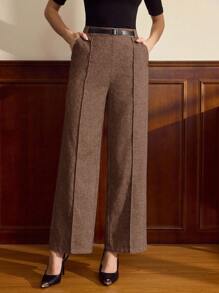 Vintamour 复古经典优雅女裤春夏修身腰裤灰色直筒裤带口袋 - 棕色 - 查看 6