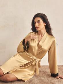 SHEIN Women's Elegant Contrast Color Lace Patchwork Satin Robe - Yellow - View 1