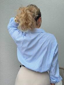 Jeta Ari Áo sơ mi nữ kẻ sọc rộng rãi, giản dị, áo dài tay - Màu xanh lam - Xem 2