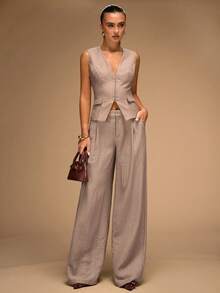 SHEIN BAE Chaleco casual de mujer de unicolor con botones delanteros, chaleco elegante de mujer para otoño/invierno - Café integral - Ver 1