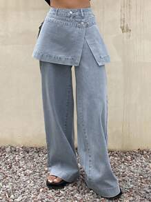 DAZY 女式休闲水洗牛仔裙裤两件套秋冬 - 藍色 - 查看 1