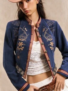 Easelle 灯芯绒大衣 初秋外套 夹克 刺绣 刺绣风格 波西米亚风 西部游牧风 - 藏蓝色 - 查看 6