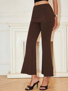 Chiquease Pantalones de falda acampanada de 2 en 1 de cintura baja de punto retro para mujer, leggings de punto de alta elasticidad estilo Maillard casual para primavera y otoño - Marrón - Ver 4