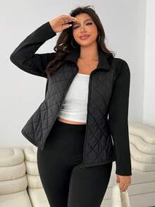 SHEIN EZwear Plus Size Elastic Waist Pockets Patchwork Jacket, Autumn/Winter Fall - Black - View 3