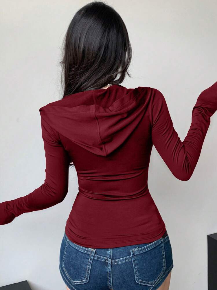 1pc Women's Solid Color Zip Front Hooded Long Sleeve Fitted T-Shirt, Spring&Fall