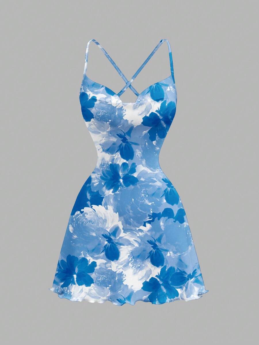 SHEIN MOD 休闲优雅蓝白花卉印花垂坠领无袖迷你连衣裙，适合夏季度假 - 彩色 - 查看 1