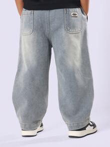 SUMWON 套头式牛仔裤宽松版型宽松裤时尚牛仔阔腿裤青年可调节腰部街头风格日常休闲四季百搭经典宽松版型 - 淺藍色 - 查看 2