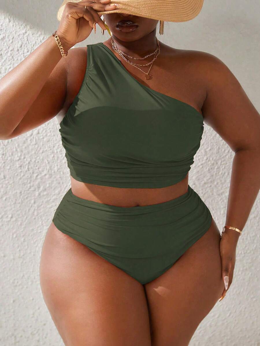 Slaydiva Conjunto de biquíni plus size feminino de cor sólida com um ombro só para praia, outono. - Verde de Exercício - Ver 1