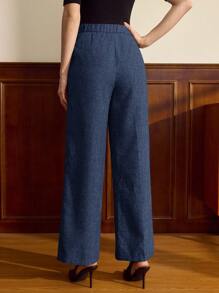 Vintamour 复古经典优雅女裤，修身腰带口袋长裤，藏青色，适合通勤，复古风格，秋冬 - 藏蓝色 - 查看 2