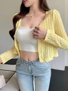 DAZY Cream Yellow Textured Short Cardigan Lace Blouse Top Lightweight Jacket For Women, Suitable For Autumn, Spring & Summer,Fall Women Clothes - Yellow - View 5