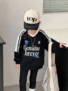 DAZY 女童V领艺术印花长袖卫衣，秋冬新款女童服装 - 黑色 - 查看 3