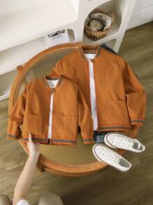 Young Boy Casual Sports Woven Fabric Zip-Up Jacket, Matching Sibling , Autumn Winter Kids Bomber Jacket Fall Winter Outerwear