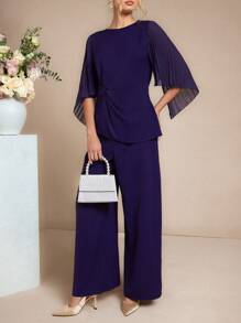 Amorya Neues, elegantes High-End-Set aus Chiffon-Hemd mit plissierten Ärmeln und Hose mit weitem Bein für Damen, 2 Stücke Set, geeignet für den Nachmittagstee, den Alltag und viele weitere Anlässe, geeignet für den Arbeitsweg, für Frauen im Old-Money-Stil, für Business-Casual-Damen, Lehrer-Outfits für Damen, 2025 neues Leinen-Outfit