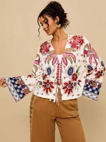 Travachic Áo kiểu dáng rộng rãi, lửng, chất liệu chiffon in họa tiết hình học, họa tiết boho, thích hợp cho nữ, thích hợp mặc đi nghỉ mát, có dây buộc phía trước, dành cho nữ. - Nhiều màu - Xem 4
