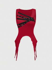 ROMWE Grunge Punk Asymmetric Hem Black Punk Functional Knit Top For Women - Burgundy - View 1