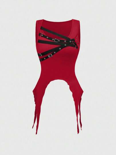 Grunge Punk Maglia nera asimmetrica in stile punk funzionale per donne