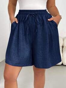 SHEIN Essnce 大码女装春夏时尚休闲宽松舒适基本款日常百搭修身松紧腰短裤，简约风格，外出，欧洲夏季，女士机场，波西米亚风，度假，老钱风格，假日 - 藏蓝色 - 查看 7