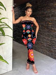 SHEIN SXY Vestido ajustado bohemio y casual con estampado floral para mujer, adecuado para vacaciones de verano