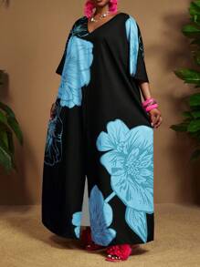 SHEIN CURVE+ 大码女装春夏休闲优雅波西米亚风黑色编织V领直筒连衣裙卡夫坦连衣裙大码连衣裙复活节连衣裙女士春季套装，曲线加大码，波西米亚度假夏季/乡村/海滩度假装/沙滩装/沙滩装，女士夏季连衣裙，休闲连衣裙 - 彩色 - 查看 7