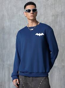 BATMAN X SHEIN Men's Casual Everyday Letter & Bat Print Crew Neck Sweatshirt Men Blue Sweatshirt Navy Blue Sweatshirt Batmobile Sweatshirt Men Graphic Sweatshirt - Blue - View 2