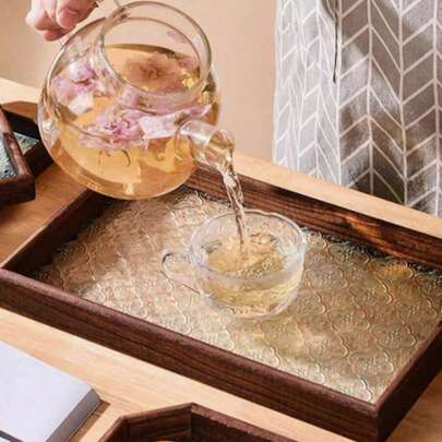 1 件装复古木质玻璃储物托盘，带有秋海棠花浮雕设计，胡桃色零食收纳盒，矩形多边形珐琅茶盘桌面储物盘，用于干果甜点坚果，家用厨房装饰多功能食品容器，优雅中式茶桌摆件