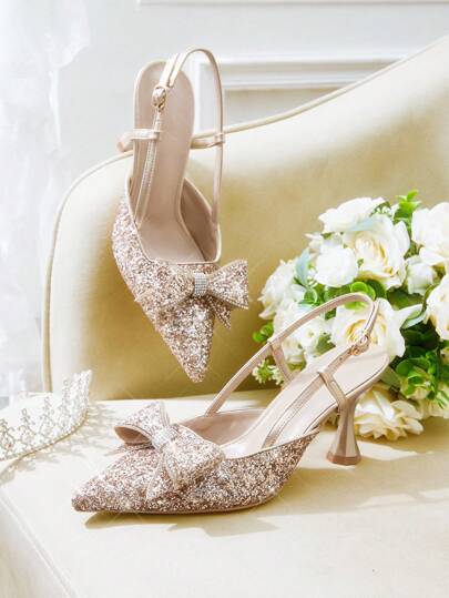 CUCCOO HITCHD Champagne Glitter Bow Rhinestone Wedding/Party High Heel Mule Shoes For Women