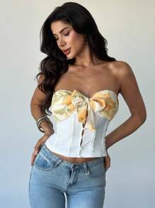 Firerie Women's Elegant Printed Tie-Up Ruffled Lace Top/Old Money Style / Birthday/Tops For Going Out / Yellow Printed Tie-Up Top - Multicolor - View 7