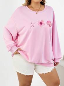 SHEIN CURVE+ 大码休闲花卉贝壳印花宽松圆领长袖运动衫，适合女士、秋季、冬季 - 粉色 - 查看 5