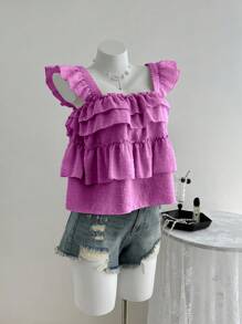 Breezaya Casual Ruffled Layered Sleeveless Top, Suitable For Vacation Powdered Rose - Hot Pink - View 3