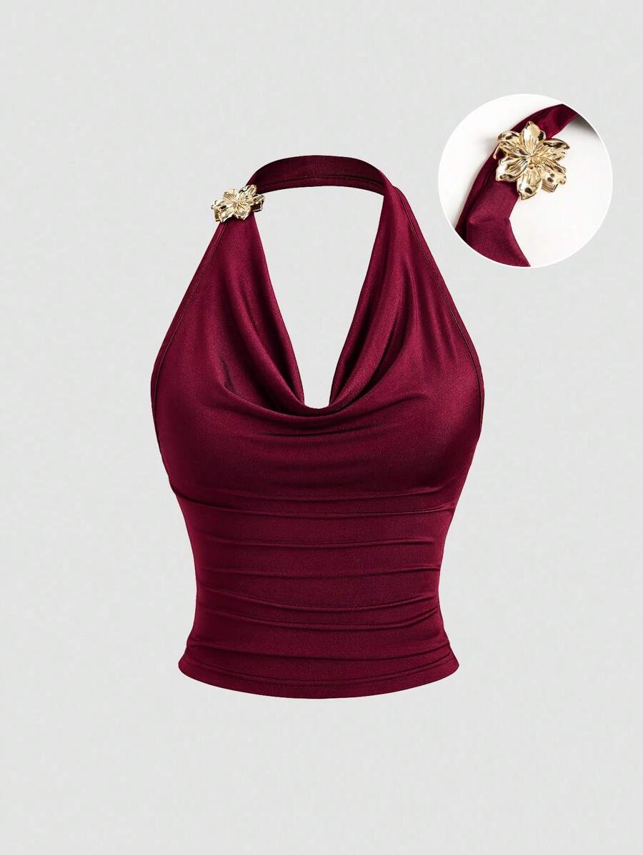 Sweetra Atasan Crop Tanpa Lengan Berkerah Ruffle Bergaya Vintage, Desain Pinggang Berlipit yang Stylish, Busana Musim Panas untuk Wanita - Burgundy - View 1