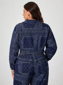 SHEIN Essnce 大码女式时尚提花牛仔夹克，长袖深蓝色牛仔衬衫 - 深色水洗藍 - 查看 3