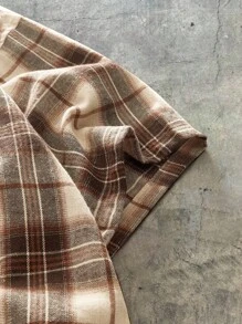 AXEPEAK 大码男士夏季数字格子短袖单排扣休闲衬衫 - 卡其色 - 查看 4