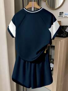 INAWLY Summer Casual Versatile Numeric Print Women's T-Shirt And Shorts Set - Navy Blue - View 2