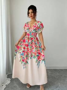 Rafferiza 优雅女士长款印花交叉前襟束腰无袖连衣裙，春夏