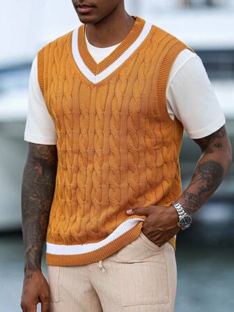 Manfinity Nomadique Men's Patchwork Cable V-Neck Casual Knit Vest