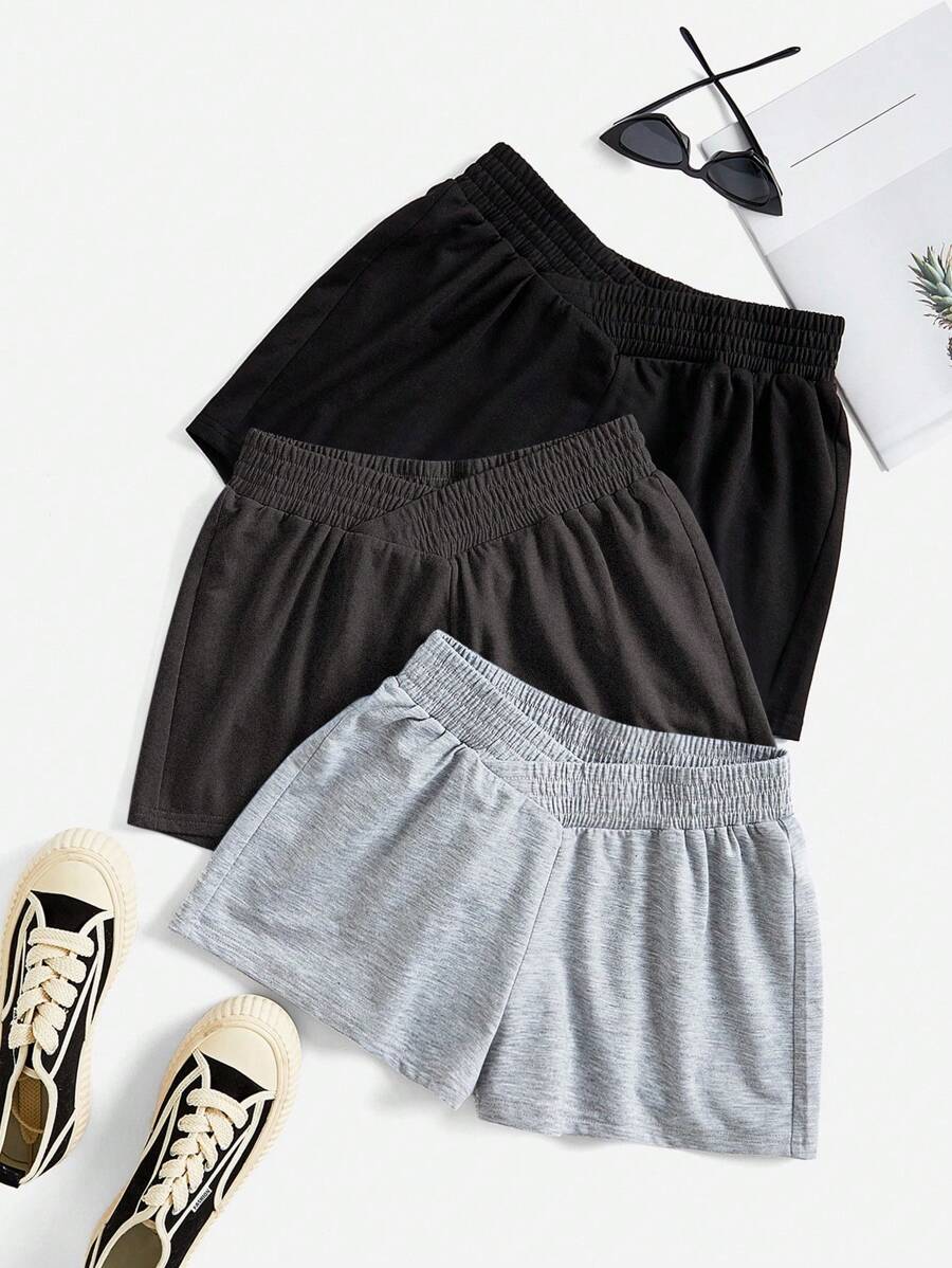 SHEIN EZwear Plus Size Women's Casual Overlap Waist Band Knitted Shorts, Multiple Packs, Summer 3 Piece Short Set Summer Shorts