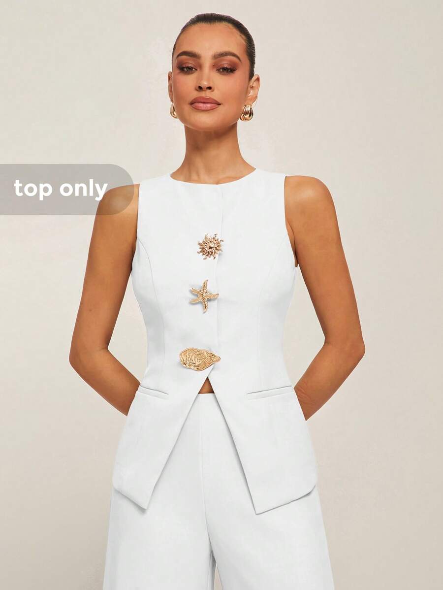 Silquee 秋冬女士时尚优雅正装无袖海星贝壳装饰西装外套 - 白色 - 查看 1