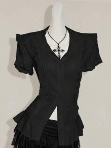 SHEIN ICON Y2k 女式西部乡村音乐会波西米亚嬉皮米色哥特夏季休闲蕾丝边衬衫 - 黑色 - 查看 4