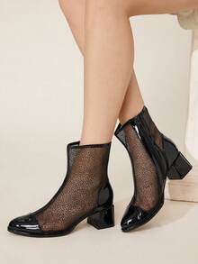 CUCCOO CHICEST 女士时尚黑色网眼粗跟中筒靴 - 黑色 - 查看 6