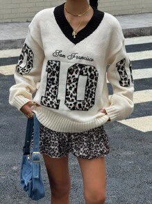 SHEIN 少女休闲黑白撞色美式复古学院情人节 V 领黑白心形印花套头衫，简约时尚休闲日常穿着，返校 - 黑與白 - 查看 4