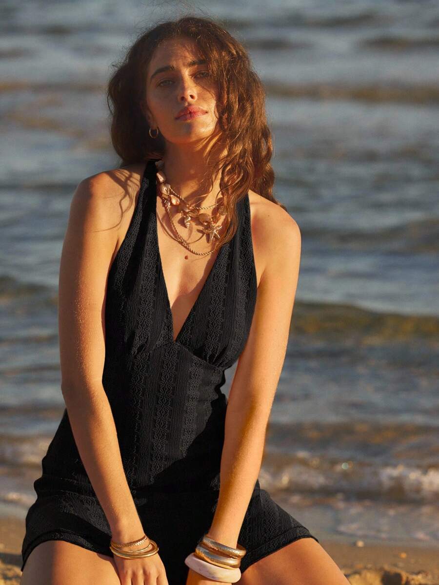 Aralina Women's Solid Color Backless Halter Mini Dress, Suitable For Vacation & Beach - Black - View 1