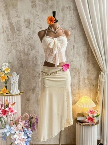 Firerie Women's Elegant Romantic New Beach Holiday Lace Up Ruffle Trim Shell Tassel Halter Tank Top, Summer - Apricot - View 2