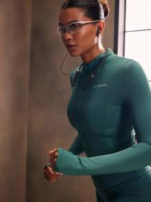 Powerista Chaqueta deportiva ajustada con cremallera y estampado de letras de manga larga para mujer